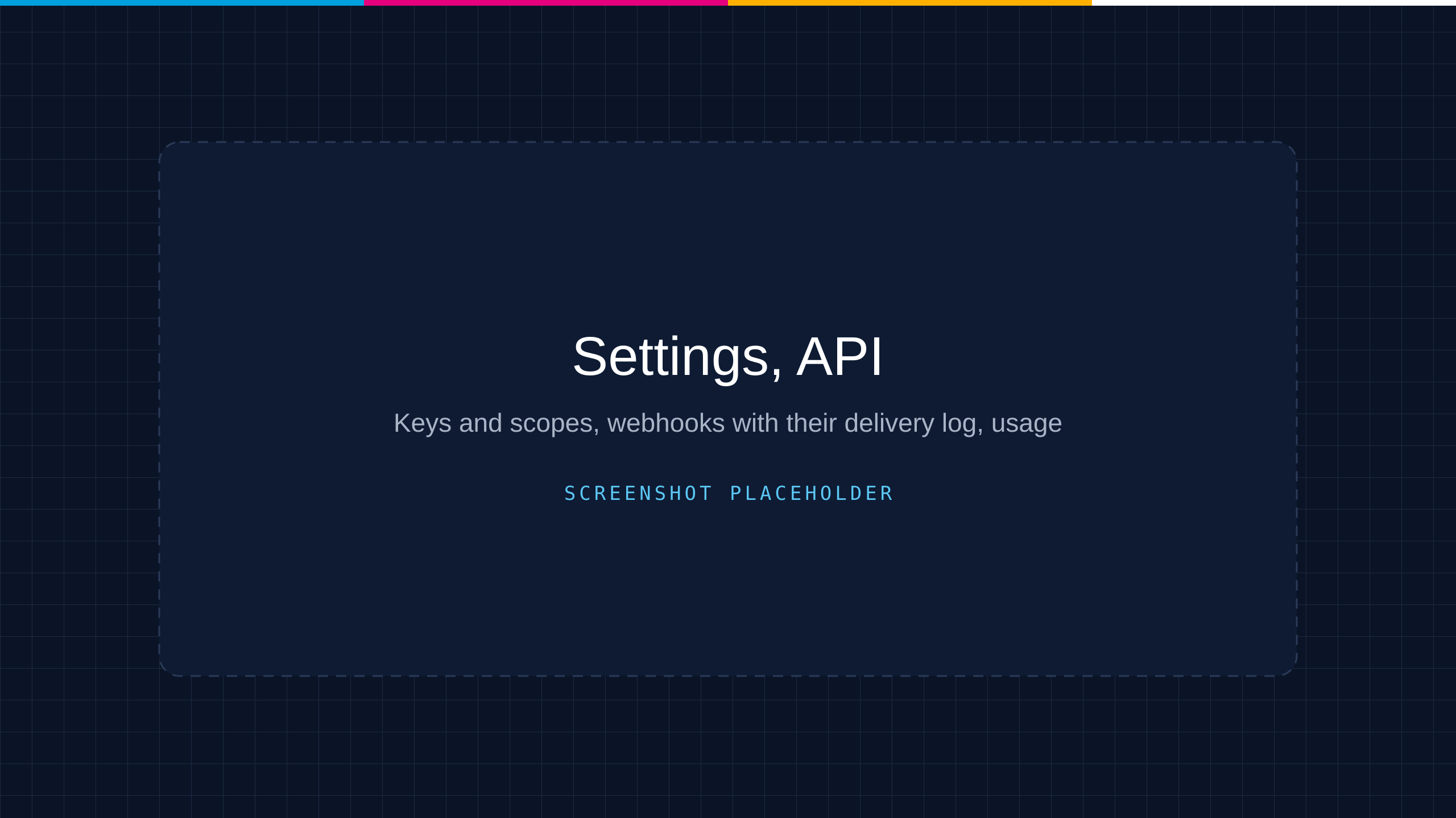 Settings, API in the Total Print Hub Admin: keys with scopes, webhooks with their delivery log, and usage