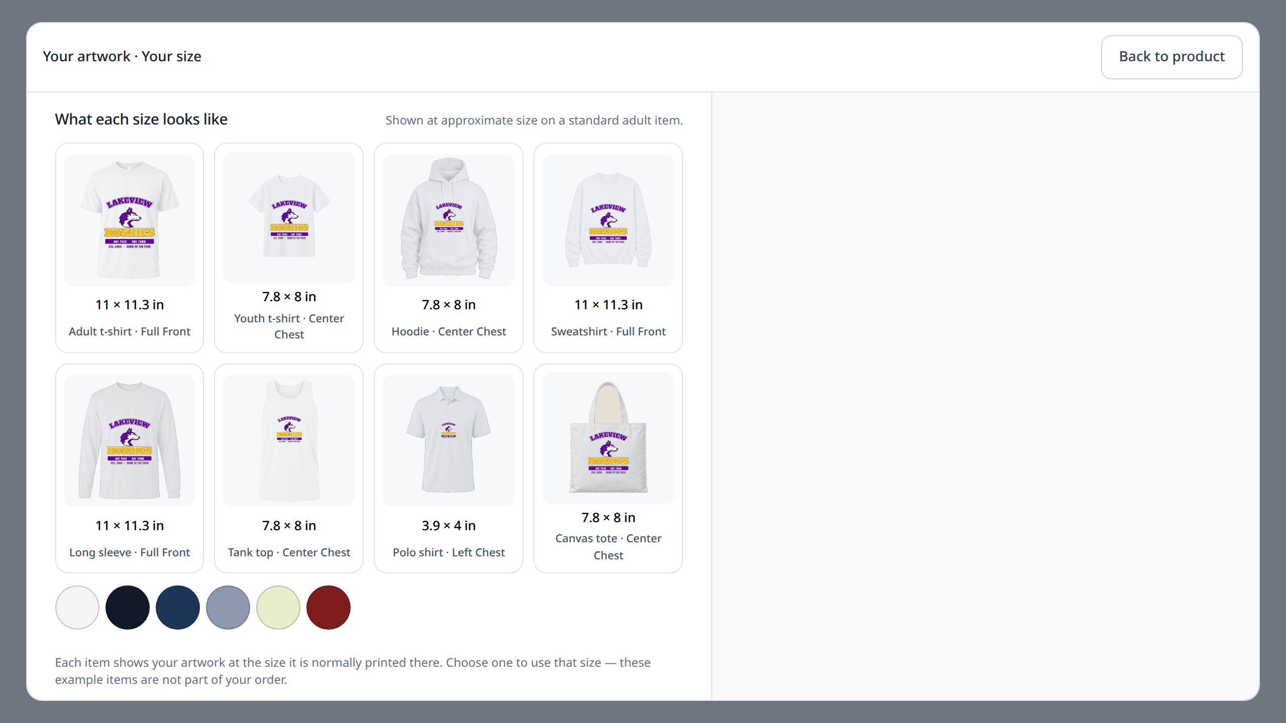Instant Merch on a product page: one uploaded team design, Lakeview Huskies, shown at its print size on eight products, from T-shirt to canvas tote