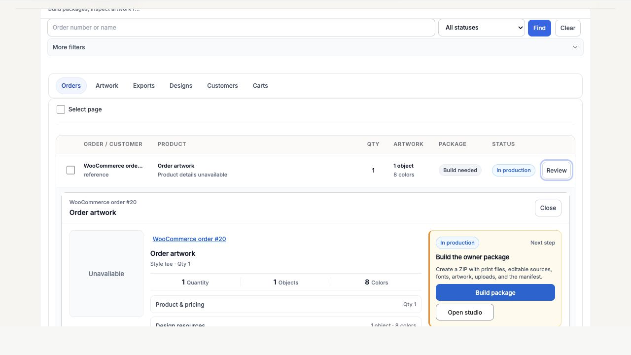 The real Total Print Hub order workspace with resources and owner-package controls