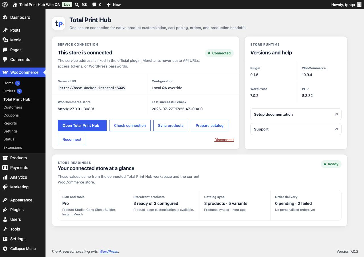 The connected Total Print Hub workspace inside desktop WooCommerce Admin